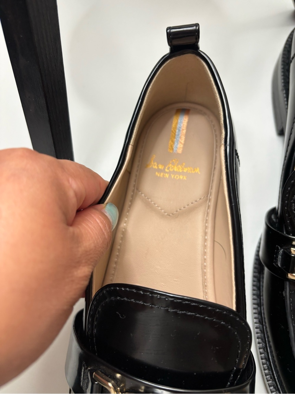 Sam Edelman Black Patent Loafers with Gold Chain Accent - Picture 2 of 8
